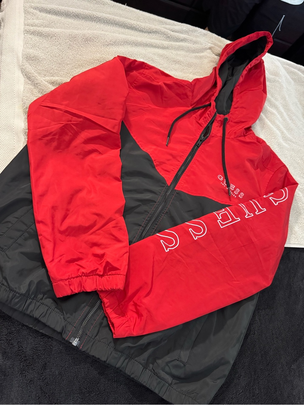 Men’s Guess Red and Black Hooded wind breaker Jacket